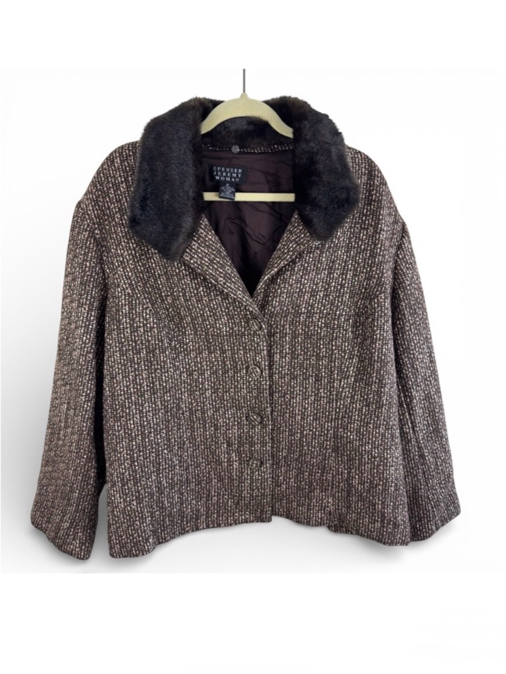 Spenser Jeremy Woman‎ 3X Brown Tweed Jacket Removable Faux Fur Collar Wool Blend